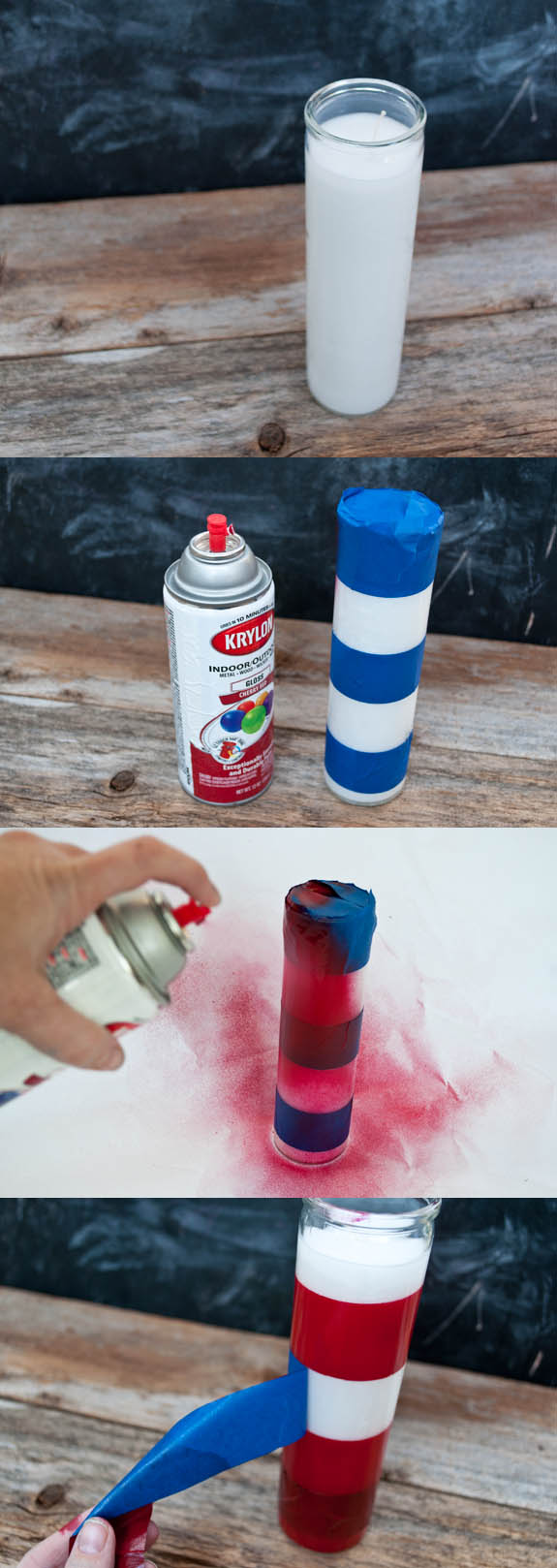 Easy craft to transform a plain candle with glass votive using spray paint and painters tape