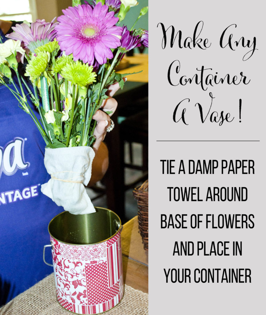tie a damp paper towel around the base of flower stems to turn any containter into an instant vase