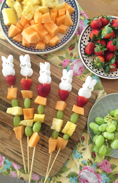 A cute and easy Easter treat - fruit skewers topped wit ha Bunny Peep