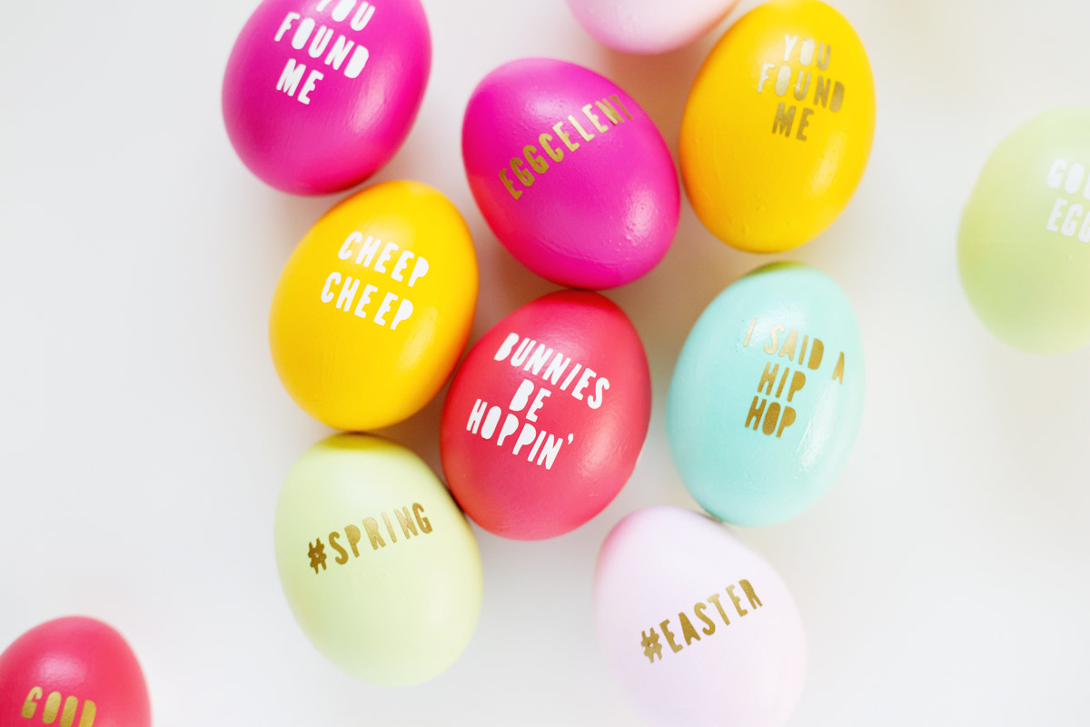 Typography eggs with fun Easter sayings. 